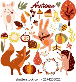 Autumn set, cute woodland animals and elements autumn, a mouse, cunning fox, a dancing hedgehog, colored trees, leaves, mushrooms. Perfect for web, harvest festival, banner, card and Thanksgiving