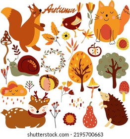 Herbstset, süße Waldtiere und Elemente Herbst süßes Eichhörnchen, Katze, Igel, Vogel, bunte Bäume, Herbstblätter, Pilze. Perfekt für Web, Erntefest, Banner, Karten und Thanksgiving