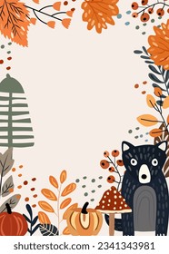 Autumn set, cute woodland animals and elements autumn, a funny wolf, colored trees, autumn leaves, mushrooms. Perfect for web, harvest festival, banner, card and Thanksgiving. Vector.
