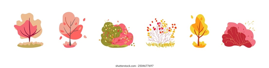 Autumn set of decorative bushes with thin branches of pink and red trees. Leaf fall folk. Multi-colored bright plants. Branched bush. Isolated vector white background