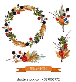 Autumn set decorative floral elements  Autumn wreath   boutonnieres  Beautiful autumn collection compositions from branches  leaves  berries  fruit 