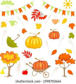 Autumn set for design, holiday in October. Pumpkins and leaves, trees and grass, umbrella and sun - in orange and green colors.