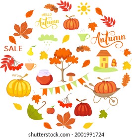 Autumn set for design, holiday in October. Pumpkins and leaves, trees and grass, umbrella and sun - in orange and green colors.