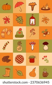 Autumn set with different cards with different pictures. decoration, card, memorial game for kids. Vector.
