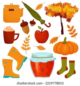 Autumn Set With Different Isolated Elements Of Boots, Leaves, Umbrella, Socks And Pumpkin. Vector Colorful Clipart For Autumn Design Of Postcards, Banners Or Stickers.