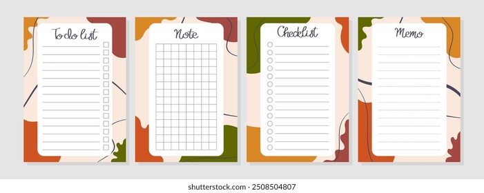 Conjunto de otoño de la lista de tareas pendientes, nota, Nemo, lista de comprobación. Plantilla para agenda, planificadores, listas de verificación, cuadernos, tarjetas y otro organizador personal. Diseño en A4, A5, A6.