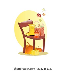 Autumn set, doodle elements - calligraphy, autumn leaves, mushrooms, wreath, cup of tea, guitar, umbrella, pie, fruits, vegetables and others. Vector illustration