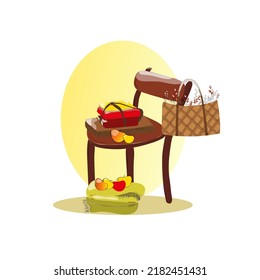 Conjunto otoñal, elementos doodle - caligrafía, hojas de otoño, champiñones, corona, taza de té, guitarra, paraguas, tarta, frutas, verduras y otros. Ilustración del vector
