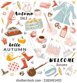 Autumn set, doodle elements - calligraphy, autumn leaves, mushrooms, wreath, cup of tea, guitar, umbrella, pie, fruits, vegetables and others. Vector illustration