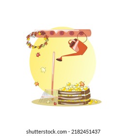 Autumn set, doodle elements - calligraphy, autumn leaves, mushrooms, wreath, cup of tea, guitar, umbrella, pie, fruits, vegetables and others. Vector illustration