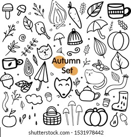 autumn set doodle icon. isolated on a white background. For cards, stickers. For seasonal design. Drawing 