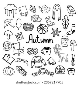 Autumn set doodle illustrations isolated on white.