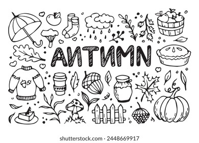 Otoño ambientado en estilo doodle. Conjunto de Elementos de otoño: suéter, setas, lluvia, calcetines, calabaza, tarta de manzana, mermelada, café, lluvia, hojas. Dibujado a mano. Ilustración vectorial. 