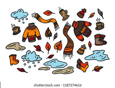 Autumn set. Doodle. The sweater, scarf, boots, cup of coffee, puddles, clouds, leaves