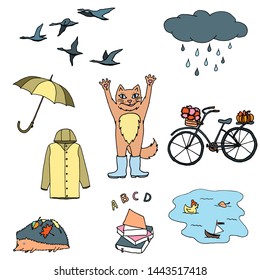 Autumn set of drawings. Colorful sketch, hand drawing. Outline with different colors on white background. Vector illustration