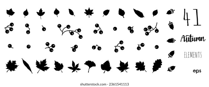 Autumn set of elements. Black silhouettes of tree leaves, berries on branches, acorns. Stencils on a white background. Vector illustration.