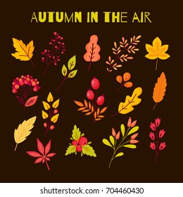 Autumn set of elements in the cartoon style. Collection of autumnal branches, berries, animals and mushrooms. Vector illustration in yellow, red and orange colors