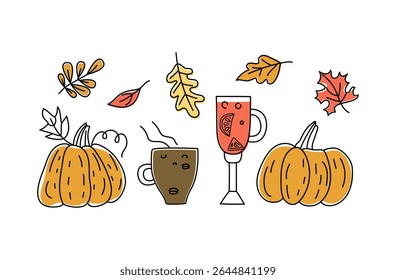 Autumn set, elements of the collection hot drinks, pumpkin, autumn leaves. Coffee, mulled wine. Cold season, leaf fall. Vector illustration, drawing, doodle.