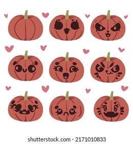 Autumn set of elements different cute, intimidating pumpkins with different emotions. Collection of Halloween icons with jack's lantern for use in design