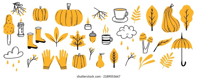 Autumn set of elements in doodle style. Collection with autumn leaves, pumpkins, mushrooms, berries and more. Vector illustration. Hello, Autumn. Doodle style.