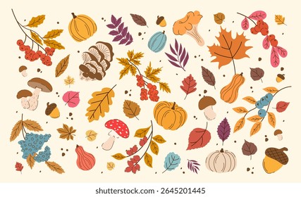 Autumn Set Elements Fall Leaves, Mushrooms, Pumpkins, Berries, Maple, Oak, Acorn in Trendy Flat Style. Fallen leaves Collection Hand Drawn Icons. Red and Orange Colored Autumn Harvest Floral Stickers.