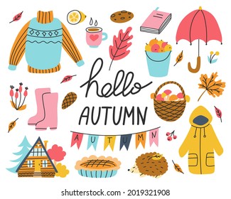 Autumn set of elements with hand lettering. Sweater, umbrella, harvest. Vector illustrations in a flat style. Design of packaging paper, postcards, fabric.