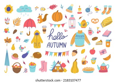 Autumn set of elements with hand lettering. Sweater, umbrella, harvest. Vector illustrations in flat hand drawn style. Design of packaging paper, postcards, fabric.
