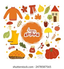 Autumn set of elements with the inscription "Happy Autumn". Cute hand drawn vector illustrations in flat style.