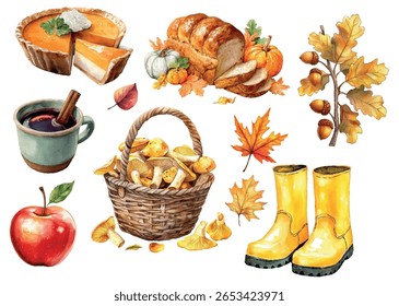 Autumn set of elements png. Watercolor autumn elements of a pie, a branch of a dove with leaves and acorns, rain boots, an apple, a basket with mushrooms and a loaf of bread. Cozy autumn cliparts. 