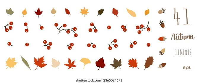 Autumn set of elements. Silhouettes in an autumn palette of tree leaves, berries on branches, acorns. Stencils on a white background. Vector illustration.