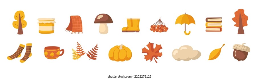 Autumn set. Set of autumn elements. Vector clipart isolated on white background.