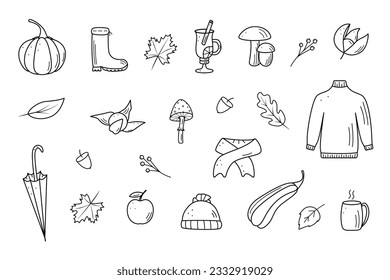 Autumn set of elements. Vector illustration fall icon doodle style. Items of warm clothing, tree leaves, umbrella, hot tea.