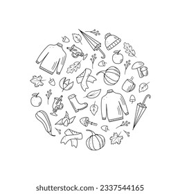 Autumn set of elements. Vector illustration fall icon doodle style. Items of warm clothing, tree leaves, umbrella, hot tea.