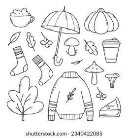 Autumn set of elements. Vector illustration. Doodle style. Linear autumn collection. Isolated sweater, umbrella, leaves, mushrooms, socks.