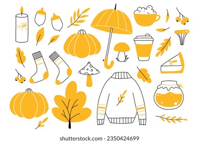 Autumn set of elements. Vector illustration. Doodle style. Linear autumn collection.
