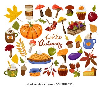 Autumn set with autumn elements (vegetables, pumpkin, leaves, berries, mushrooms, pastry, beverages with whipped cream, pie,cupcakes). Vector illustration with lettering for cards and other