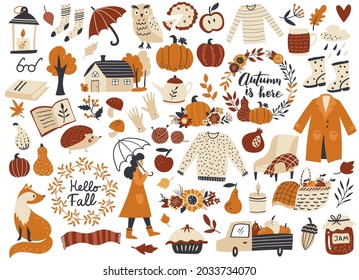 Autumn set, fall clip art, design elements collection with leaf, pumpkins, sweater, wreaths, and others. Hand drawn vector illustration.