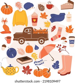 Autumn set, fall clip art, design elements collection with leaf, pumpkins, sweater, wreaths, and others. Hand drawn vector illustration