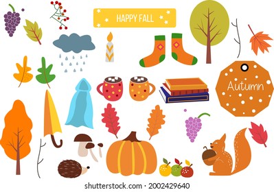 Autumn set, fall leaves, forest animals, wreaths, and other. Perfect for web, card, poster, cover, tag, invitation, sticker kit. Vector illustration 