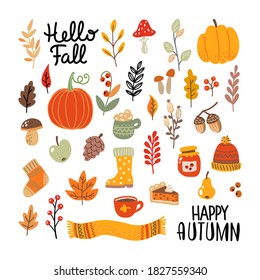 Autumn set. Fall season. Drawn elements - calligraphy, leaves, apple, mushrooms, pumpkins, a cup of tea, rubber boots, hat, scarf, socks. Vector illustration isolated on white background.