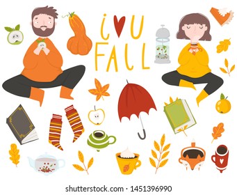 Autumn set - fallen leaves, books, knitted socks, pumpkin isolated on white background. Cute couple or friends spending time together. Trendy vector illustration in flat cartoon style.