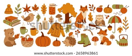 Autumn set of falling leaves, pumpkins, sweater, cute bear, bird, fox, hedgehog, mushroom, candles and other. Cozy Fall. October forest elements for scrapbook, card, poster, invitation, sticker