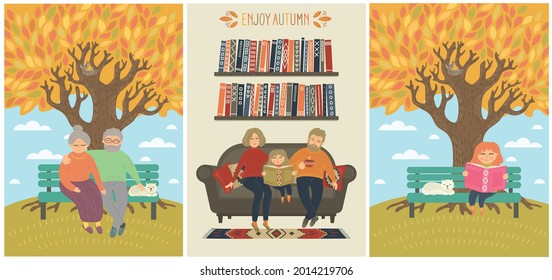 Autumn set. Family, senior couple, and girl reading book, sitting on sofa and bench and enjoy fall.