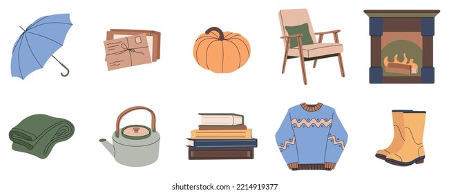 Autumn set, flat vector hygge style, illustration umbrella pumpkin sweater books kettle envelopes plaid gumboots fireplace. Trending stickers, cozy, symbol, fall season isolated, cartoon decor, retro.