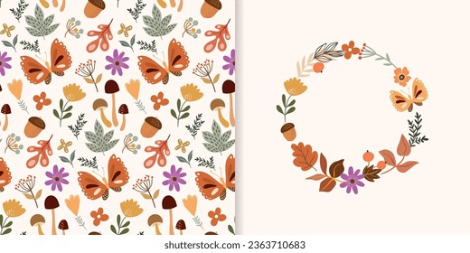 Conjunto de otoño con un patrón sin costuras florales, diferente vegetación y mariposas y diseño de tarjeta vectorial con corona estacional