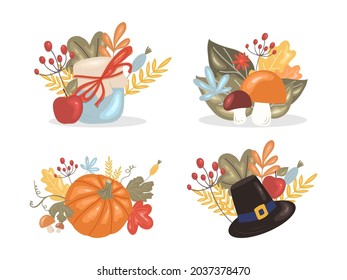 Autumn set of floristic compositions. Leaves, Thanksgiving hat, jar of jam, pumpkin isolated on white background. Vector collection of design concepts in hand drawn doodle style