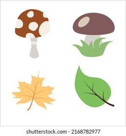 Autumn set. Fly agaric. Mushroom. Yellow leaf. Green leaf. Vector illustration isolated on white background.