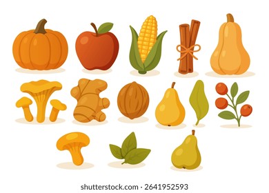 autumn set with food. pumpkin, apple, corn, cinnamon, chanterelle mushrooms, ginger, walnut, pear, red berry, honey mushrooms