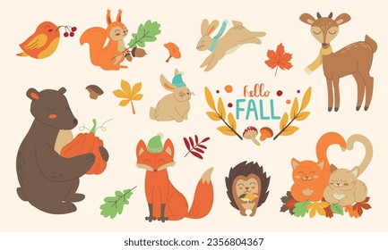 Autumn set, forest Animals hand drawn style. Mushrooms, leaves, lettering, food for harvest festival or Thanksgiving day. Cute autumn charactrs - bear, fox, hedgehog, squirel. Vector illustration.