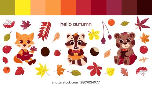 Autumn set of forest animals, leaves, berries and chestnuts with autumn palette